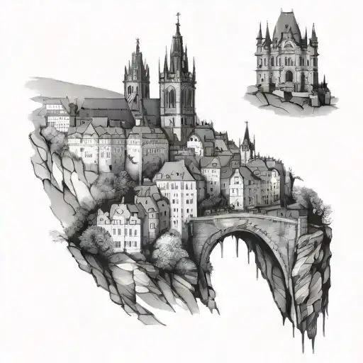 Artistic interpretation of a favorite Czech landmark in a black-grey style tattoo design idea