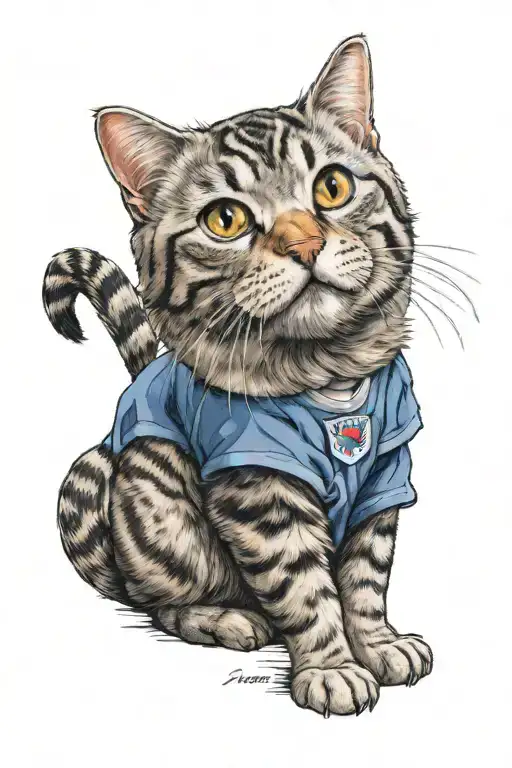 Wearing Turkey National Footbal Team Jersey British Blue Tabby Cat tattoo design idea
