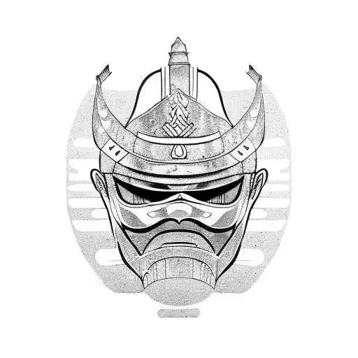standing samurai with a mask on his face in a dark style tattoo design idea