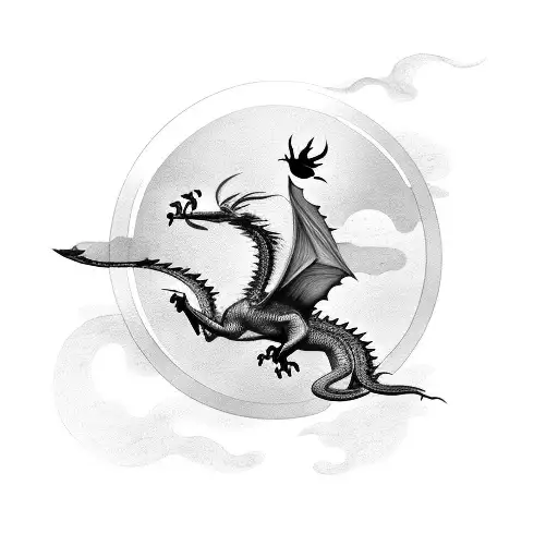 Black and grey tattoo of a dragon soaring above a floating island tattoo design idea