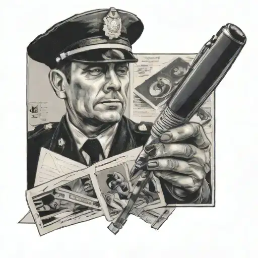 A black and grey portrait of a police officer sketching on a notepad, with film strips in the background tattoo design idea