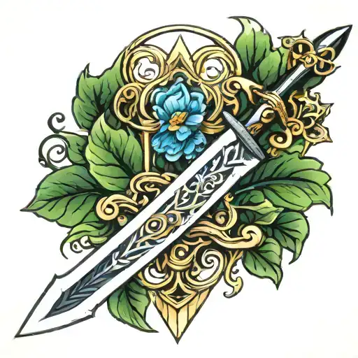 sword and trebol cuatro hojas tattoo design idea