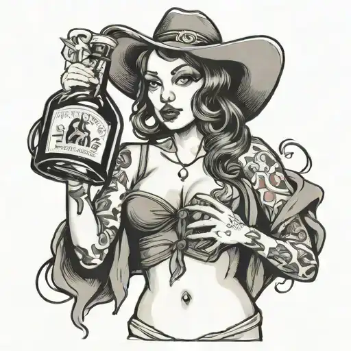 drunk girl holding bottle tattoo design idea