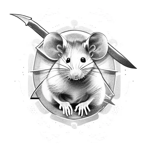 Determined rat faces left, actively holds shield in left paw, chipped sword in right paw. No framing. tattoo design idea