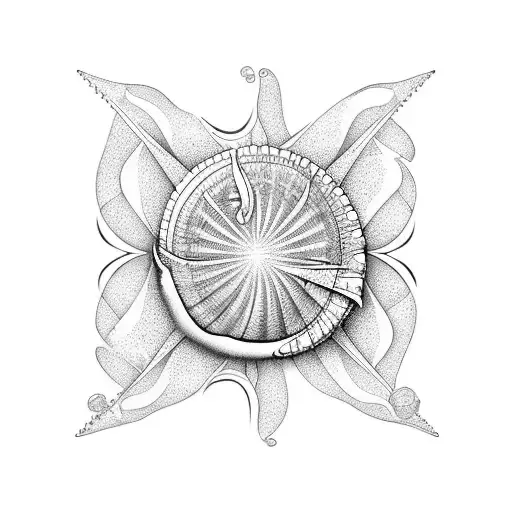 Open Seashell with pearl lying in waves and has mountains  tattoo design idea