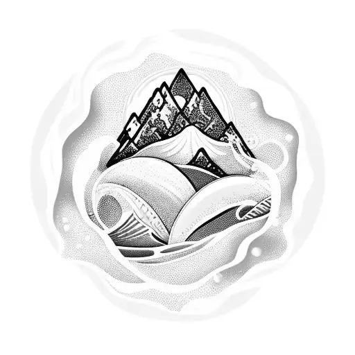 Open Seashell with pearl lying in waves and has mountains  tattoo design idea
