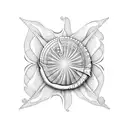 Open Seashell with pearl lying in waves and has mountains  tattoo design idea