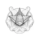 Open Seashell with pearl lying in waves and has mountains  tattoo design idea