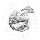 Open Seashell with pearl lying in waves and has mountains  tattoo design idea