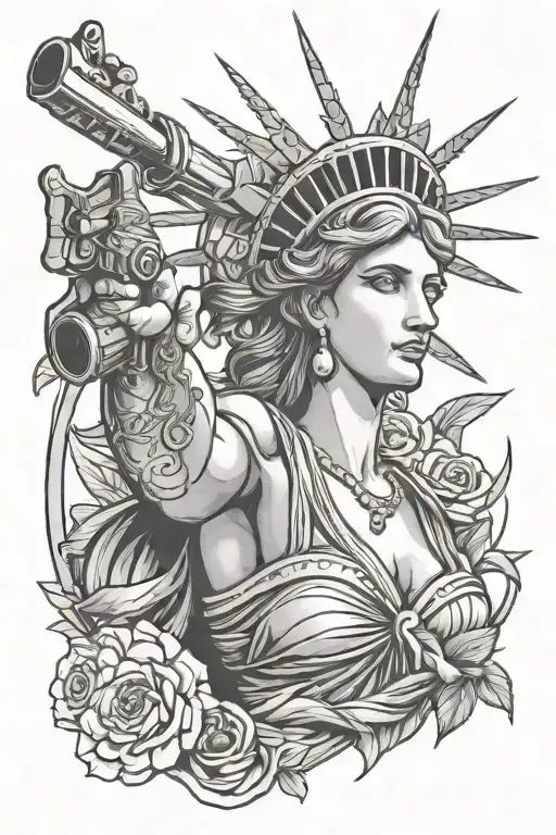 sexy statue of liberty with gun in hand tattoo design idea