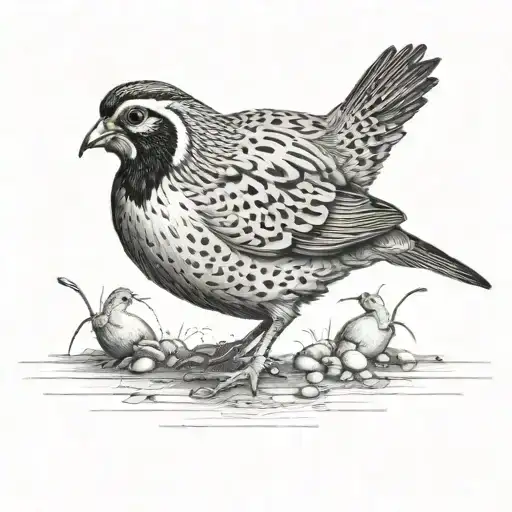 male gamble's quail walking with tiny baby quail looking directly at each other  tattoo design idea