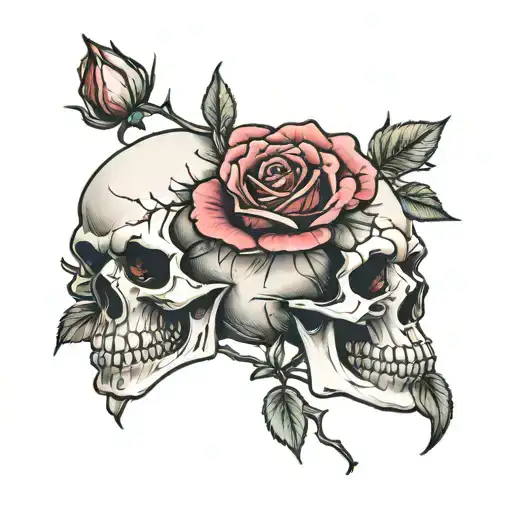 Broken skull with dieing roses blooming tattoo design idea