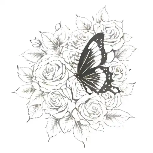 butterfly and roses tattoo design idea