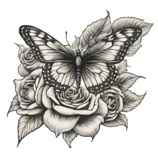 butterfly and roses with sun tattoo design idea