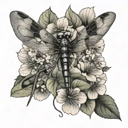 dragonfly and hydrangea flower tattoo design idea