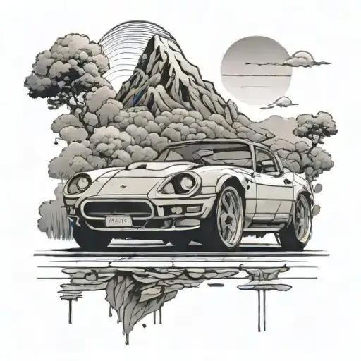 A sleek and detailed tattoo of a vintage 1991 sports car speeding through a Japanese landscape, combining the client's passion for cars and traveling tattoo design idea