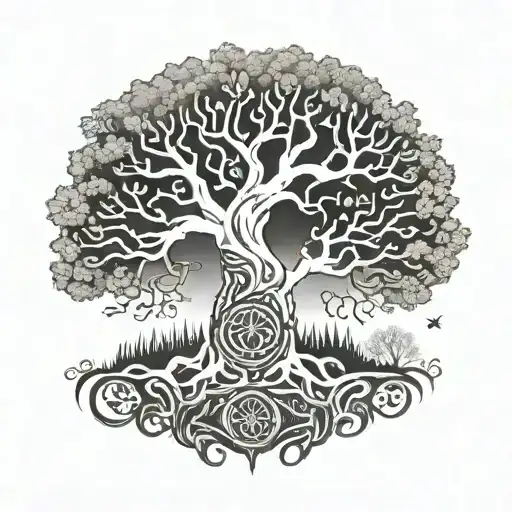 Norse mythology meets nature: a majestic tree of life intertwined with intricate Viking runes tattoo design idea