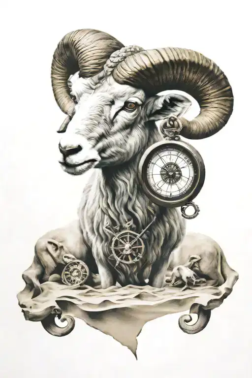 a full body ram animal half sleeve with a compass in the background and a sand clock tattoo design idea