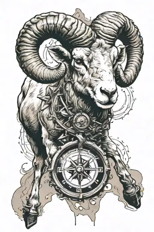 a full body ram animal in motion half sleeve with a compass in the background and a sand clock tattoo design idea