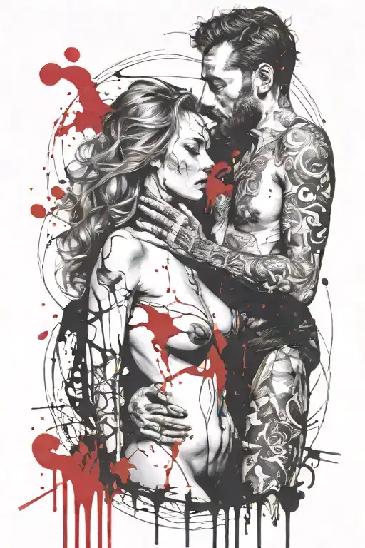 full frontal view of a nude woman with her lover sanding behind her with his arms around her. tattoo design idea