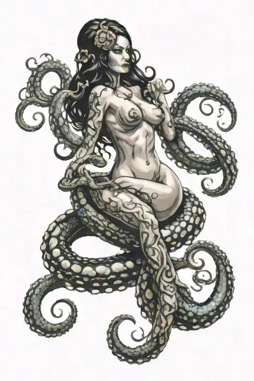 darkly alluring nude dominatrix held in octopus tentacles  tattoo design idea