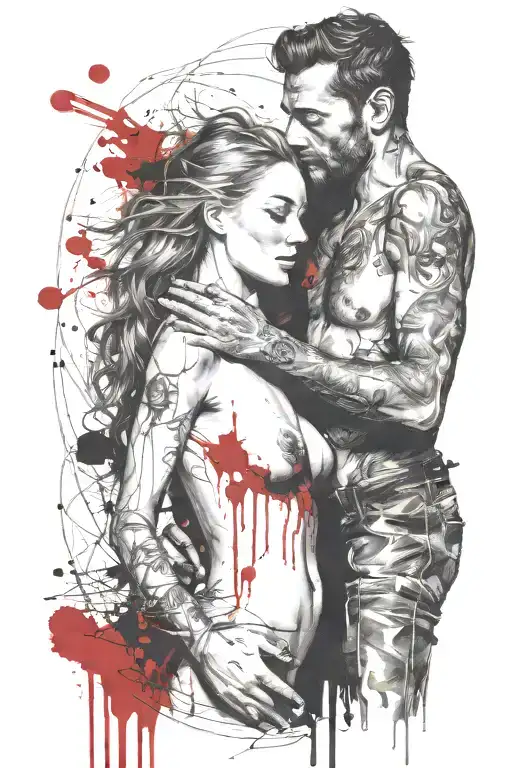 full frontal view of a nude woman with her lover sanding behind her with his arms around her. tattoo design idea