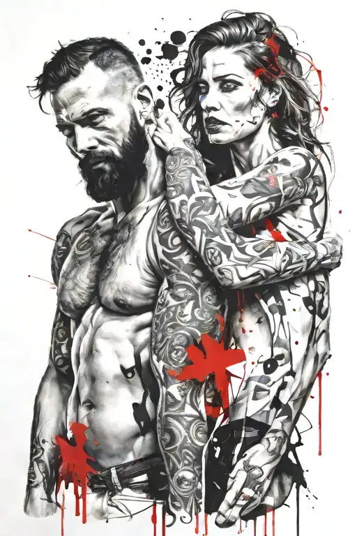 facing forward nude bearded man behind nude woman with his arms around her. tattoo design idea