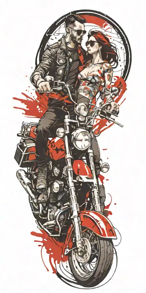 couple riding on. harley davidson motorcycle tattoo design idea