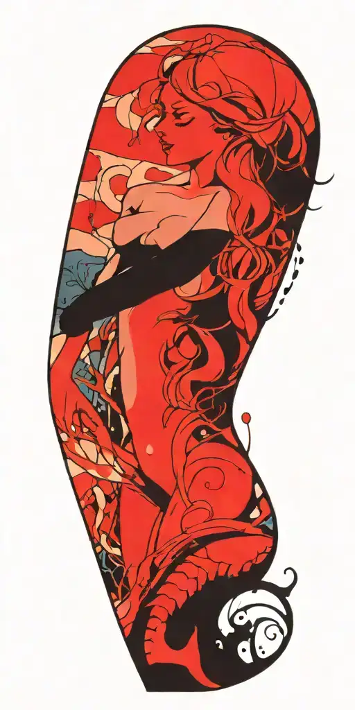 nude mermaid in a ocean full of sea creatures intertwined tattoo design idea