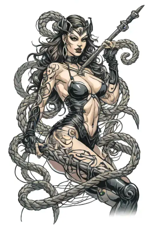 darkly alluring nude dominatrix surrounded by whip tattoo design idea