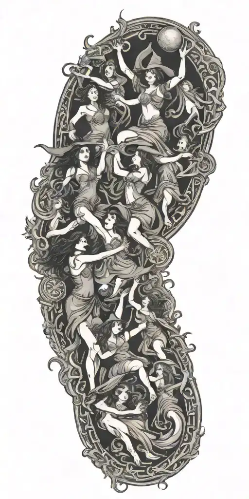 witches dancing in a circle tattoo design idea