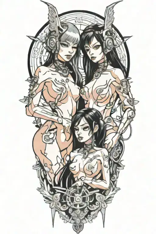 nude goth cyborg gemini sisters facing tattoo design idea