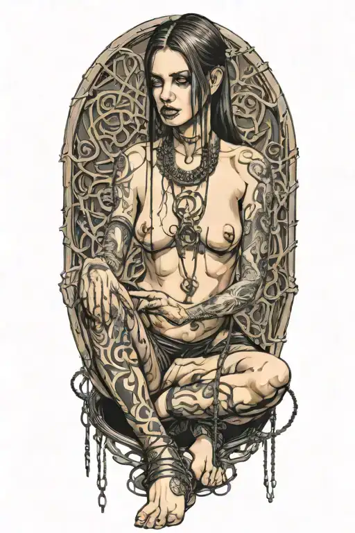 nude goth slave girl on her knees chained tattoo design idea