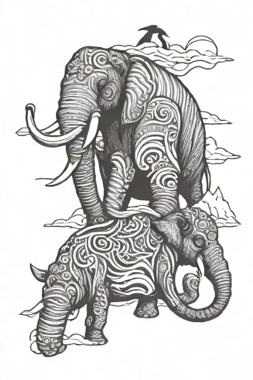 mammoths and penguins loving each other tattoo design idea