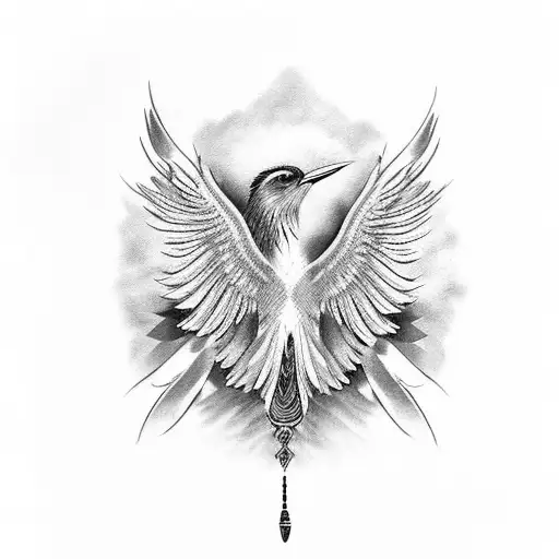 A freedom bird with intricate gemstone feathers, symbolizing the liberation of the soul, in black-grey style. tattoo design idea