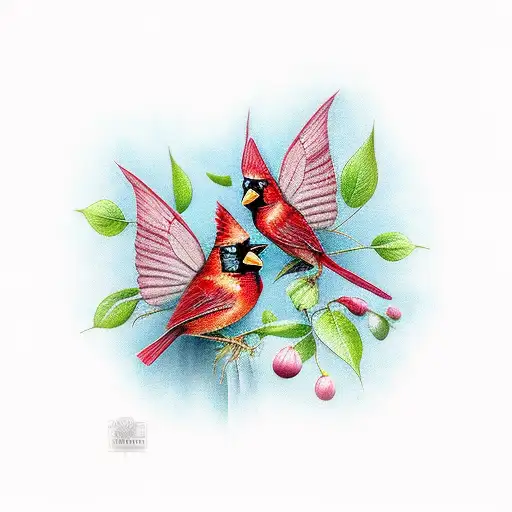 cardinals with butterflies tattoo design idea