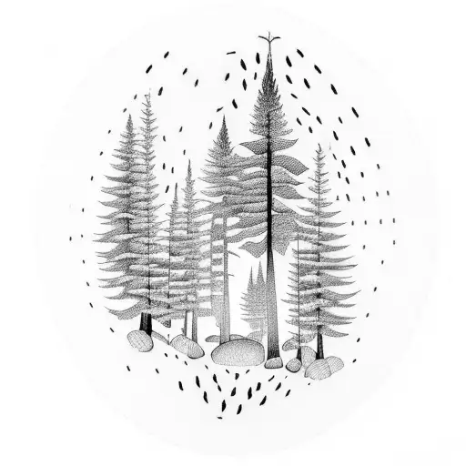 A dotwork tattoo of a serene forest scene with a hidden bass guitar incorporated into the trees tattoo design idea