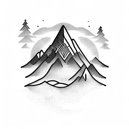 A dotwork tattoo of a majestic mountain range with a silhouette of a bass guitar in the foreground tattoo design idea