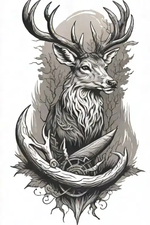 deer antler, fishing, number 32 tattoo design idea