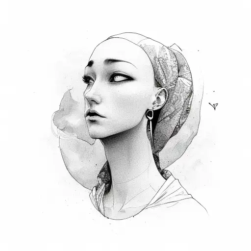 black and white, woman head on her profile marging with human heart tattoo design idea