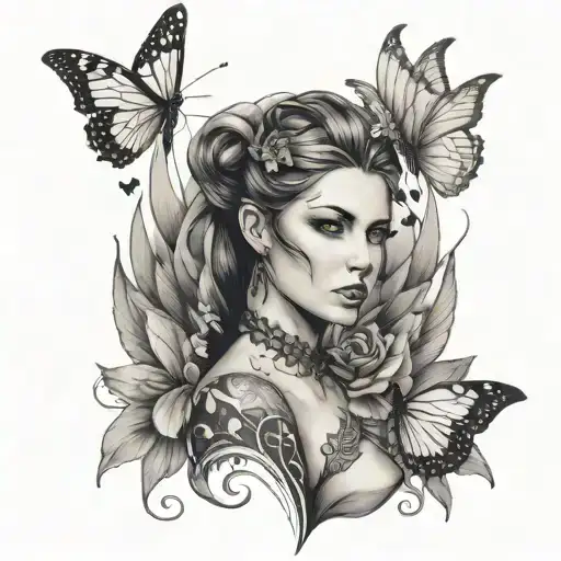 woman, snake wrapped, butterfly wings spread tattoo design idea