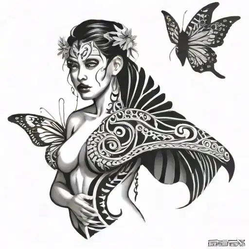 woman body, snake wrapped, butterfly wings spread tattoo design idea