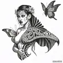 woman body, snake wrapped, butterfly wings spread tattoo design idea