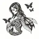 woman body, snake wrapped, butterfly wings spread tattoo design idea