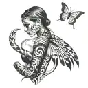 woman body, snake wrapped, butterfly wings spread tattoo design idea