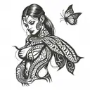 woman body, snake wrapped, butterfly wings spread tattoo design idea