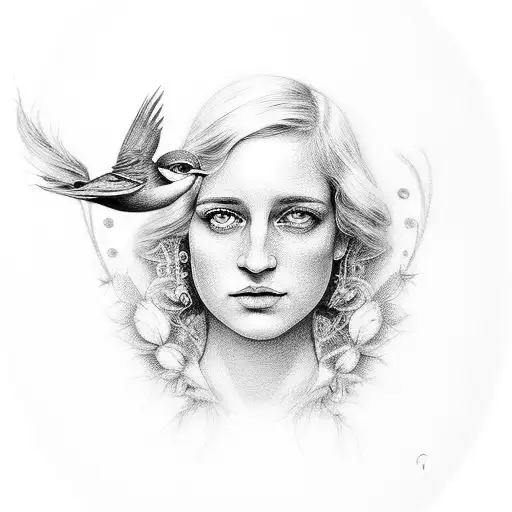 diana teixeira peter pan: lady in blue, in the style of naturalistic bird portraits, baroque animals, hyper-realistic an tattoo design idea
