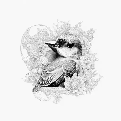 a painting of a bird sitting in portrait, in the style of rococo extravagance, dark cyan and azure, hyper-realistic anim tattoo design idea