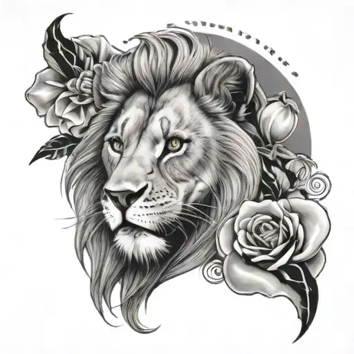 A realistic tattoo design of a fierce lion roaring, with a background of swirling margaritas and always written in elegant script, in a black-grey style tattoo design idea