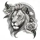 A realistic tattoo design of a fierce lion roaring, with a background of swirling margaritas and always written in elegant script, in a black-grey style tattoo design idea